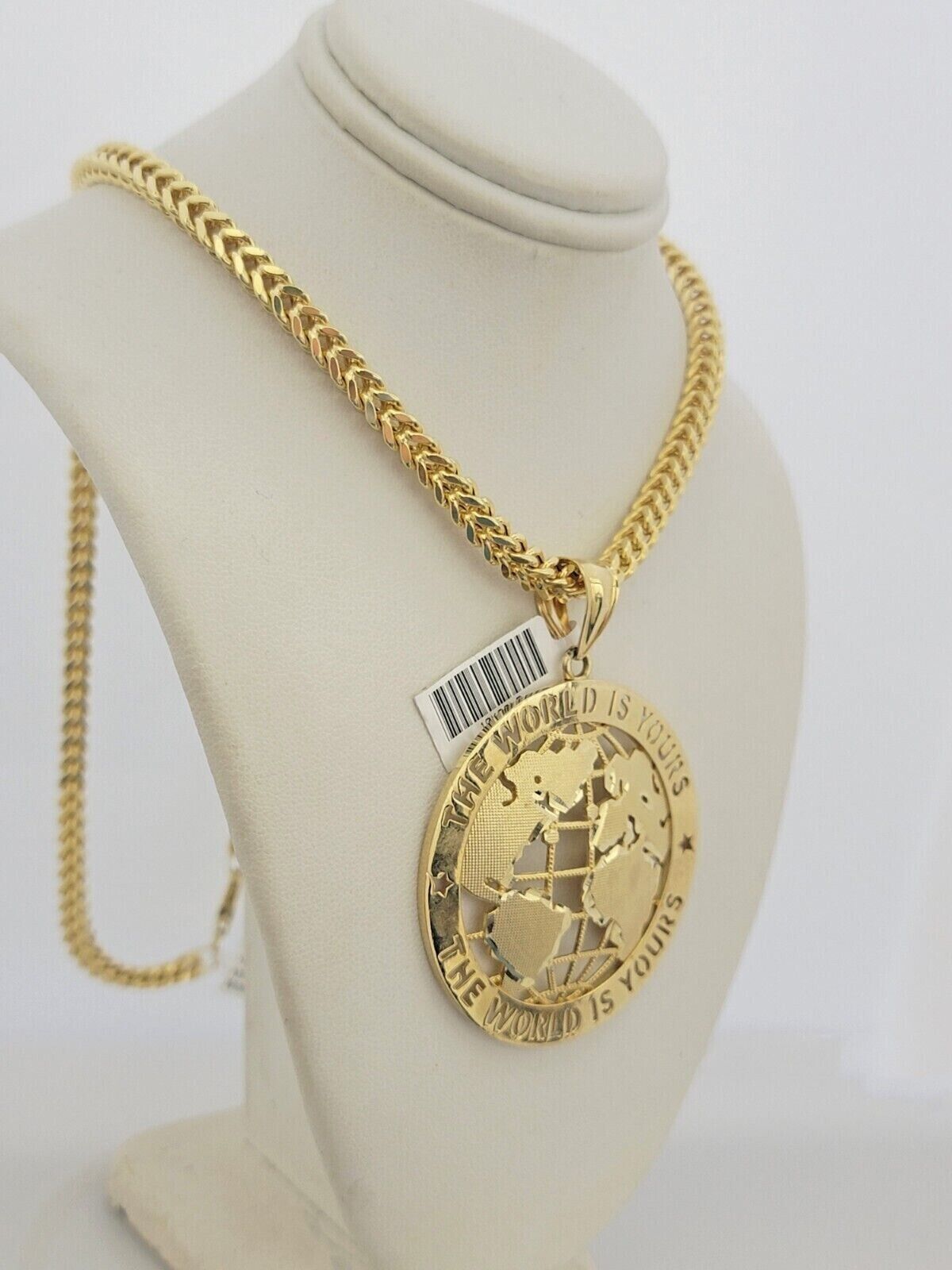 10k Yellow Gold Franco Chain Necklace World Map Charm Pendant 5mm 20-26'' Inches