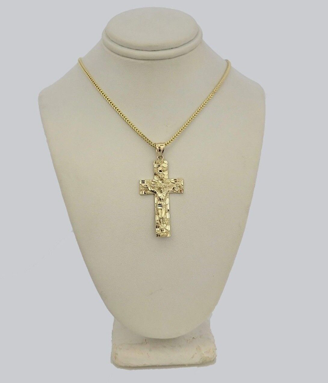 10k Gold Franco Chain Jesus Nugget Cross Charm Pendant 2mm 16-24 Inches Necklace