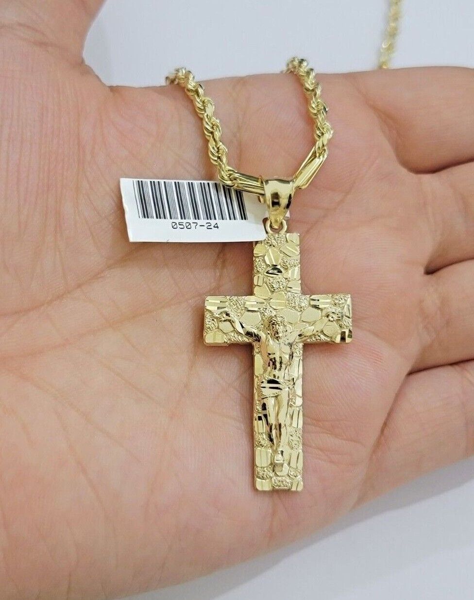 10kt Gold Milano Rope Chain Nugget Cross Charm Pendant Set 18-24'' Inch Necklace