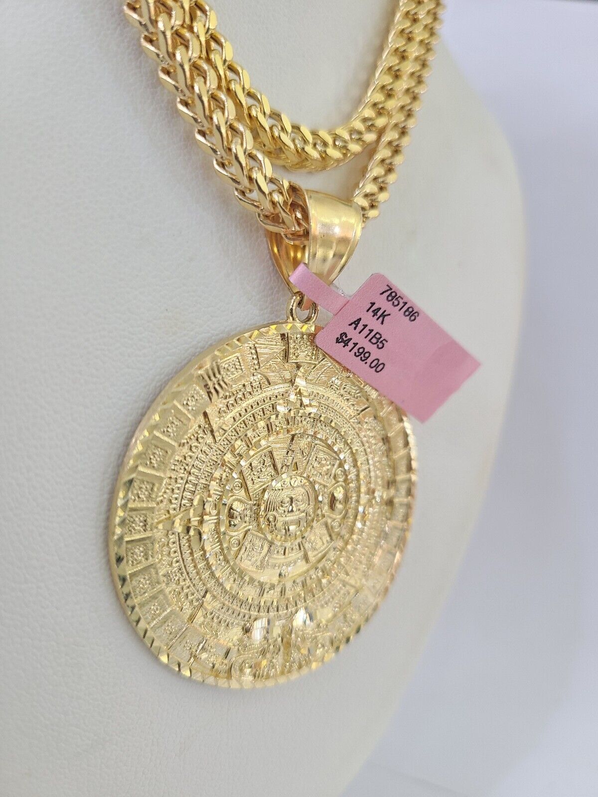 14k Yellow Gold Franco Chain Necklace Mayan Calendar Charm Pendant 4mm 22"Inch