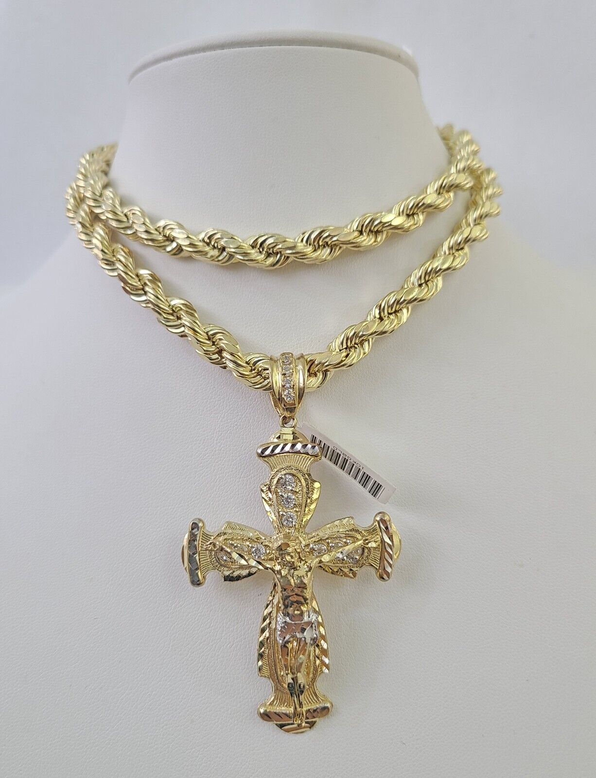 10k Yellow Gold Rope Chain Jesus Cross Charm Pendant 18-30'' Inch 8mm  Necklace