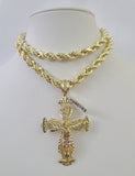 10k Yellow Gold Rope Chain Jesus Cross Charm Pendant 18-30'' Inch 8mm  Necklace