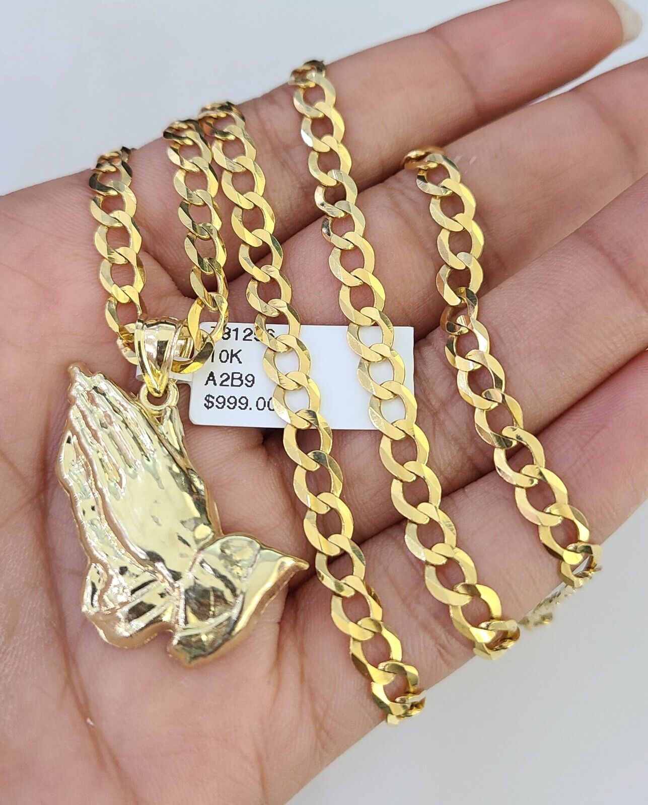 10k Gold Chain Necklace Praying Hands Pendant Set Cuban Curb 5mm 20"-28" Charm