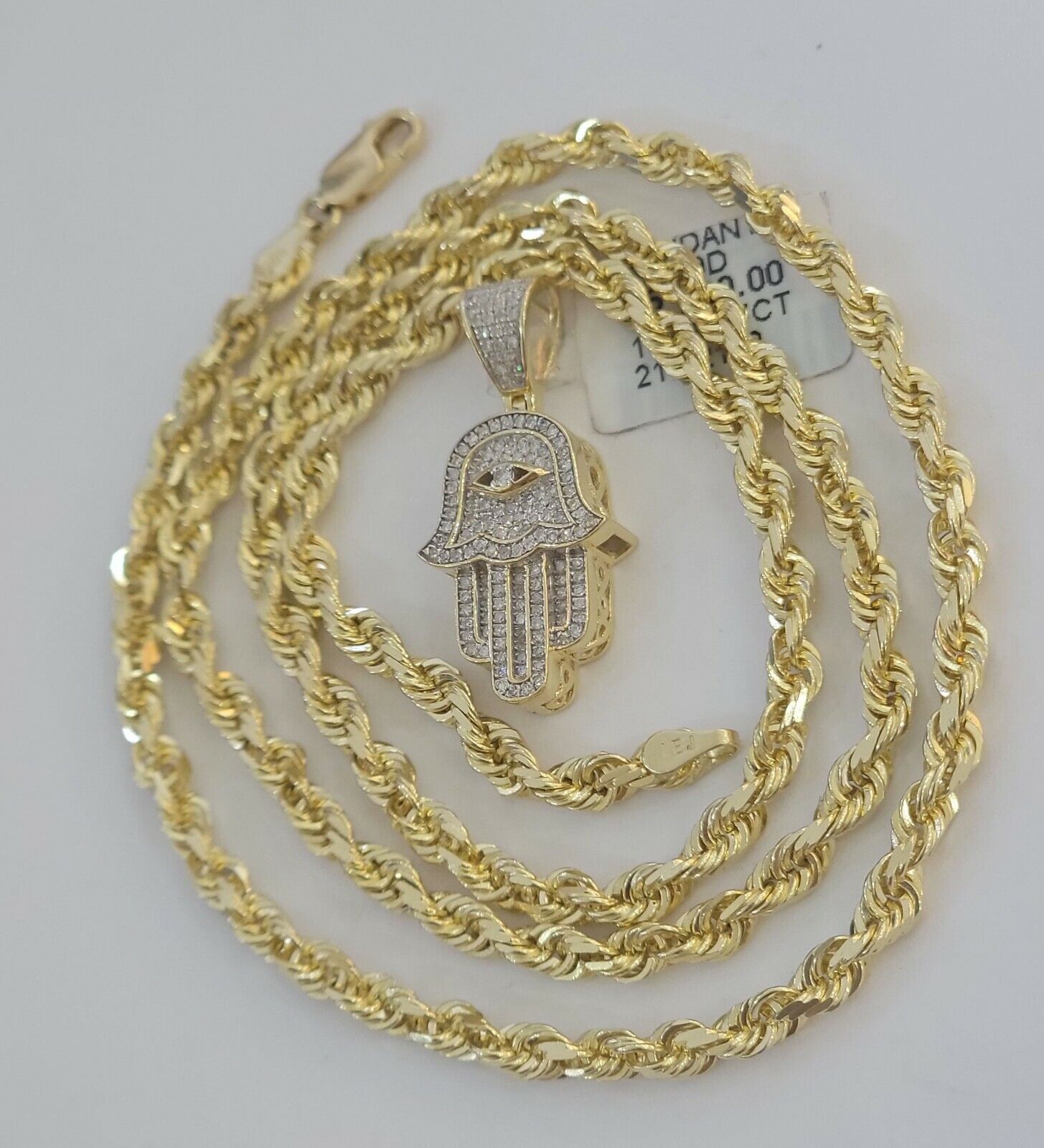 10k Gold Rope Chain necklace Hamsa Diamond Pendant Hamza Charm Necklace REAL