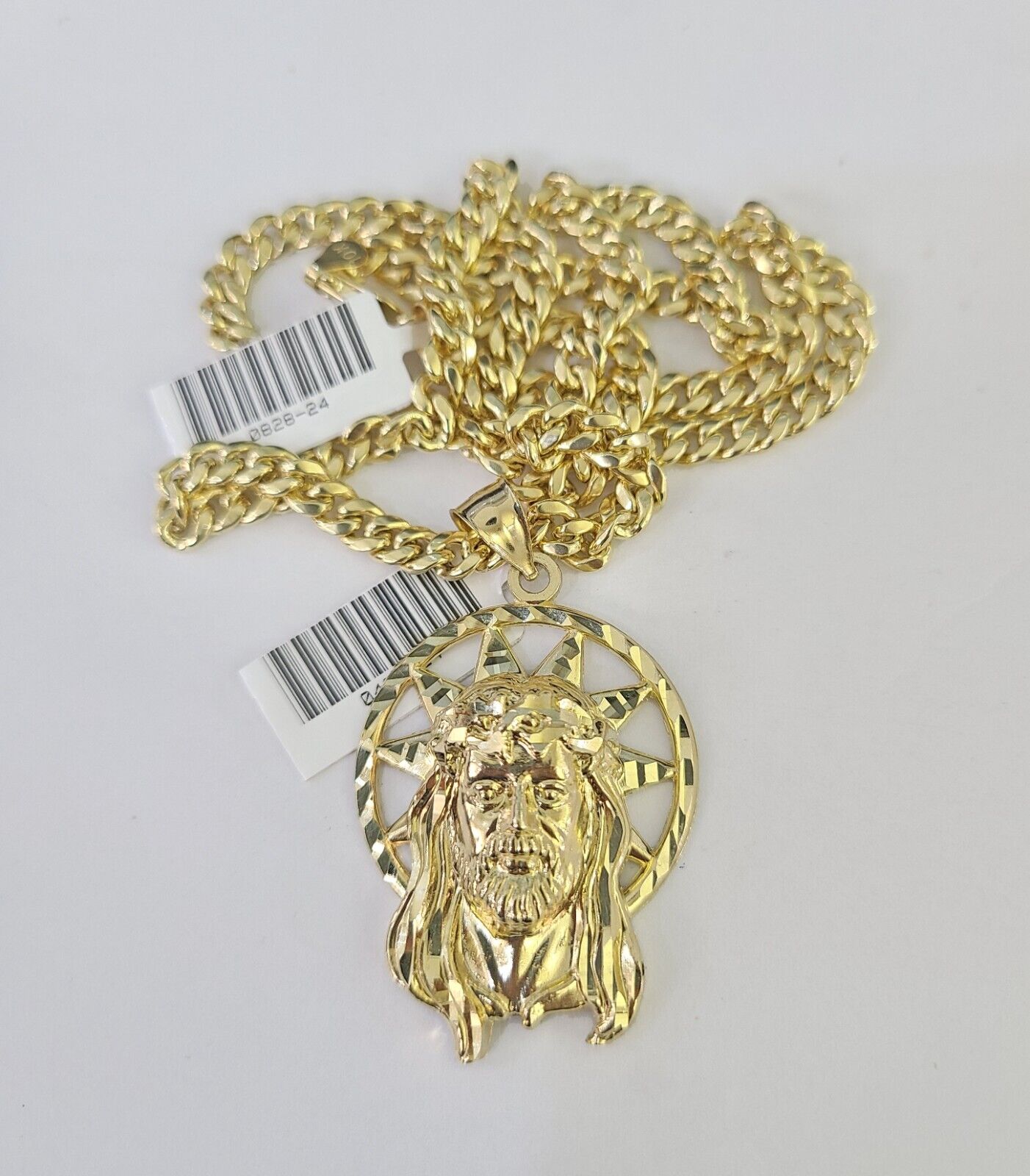 10k Gold Chain Jesus Head Pendant Set Miami Cuban link Necklace 5mm 20-30 Inch