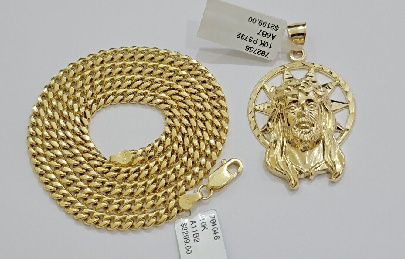 10kt Gold Miami Cuban Chain Jesus Head Charm Pendant Set 18-28 Inch 5mm Necklace