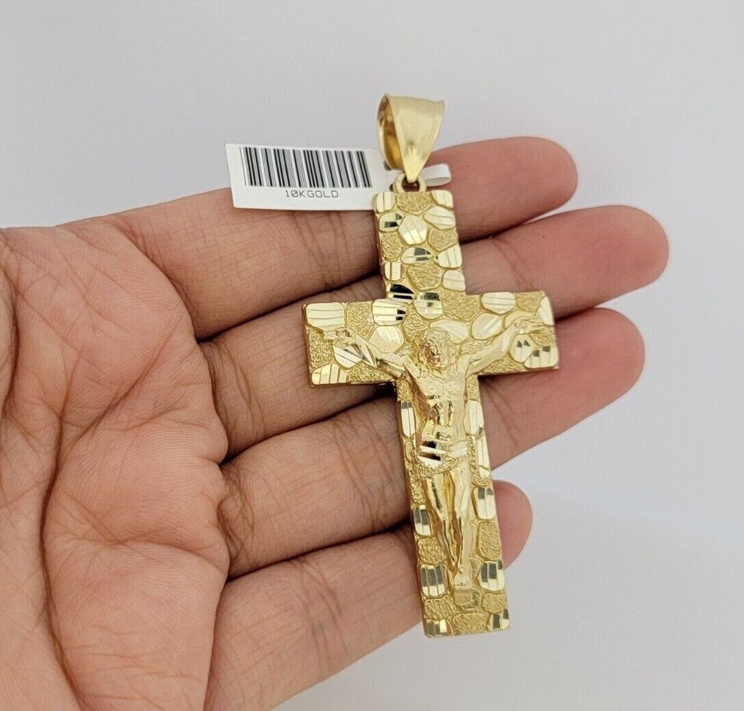 10kt Yellow Gold Franco Chain Necklace Nugget Cross Charm Pendant 5mm 20-26 Inch