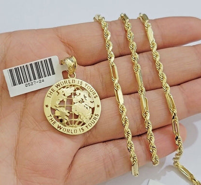 Real 10kt Gold Milano Rope Chain World Map Charm Pendant Set 18-24 Inch Necklace