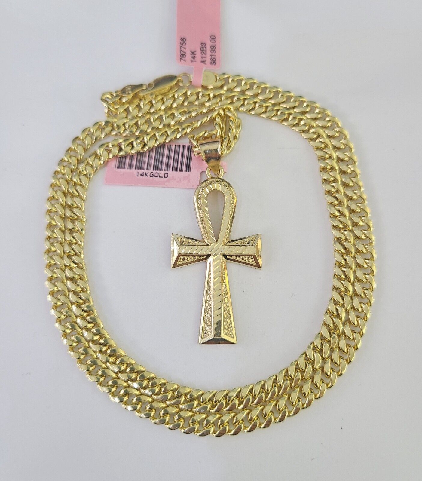 Real 14k Gold Chain Ankh Cross Pendant Set 14kt Miami Cuban Link Chain 5mm Charm