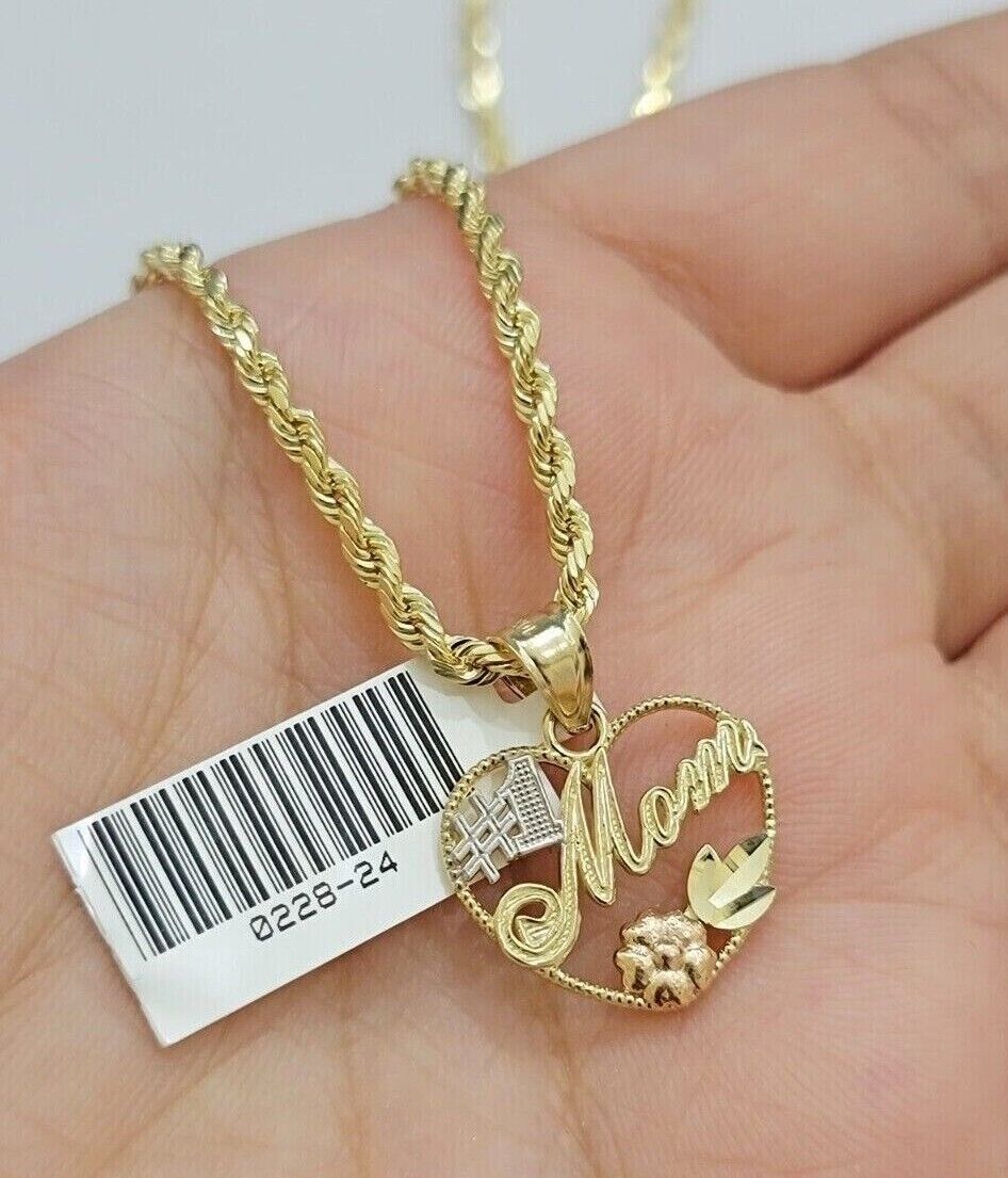 10k Gold Rope Chain Mom Heart Charm Pendant Set 16-28'' Inch 2.5mm Necklace REAL