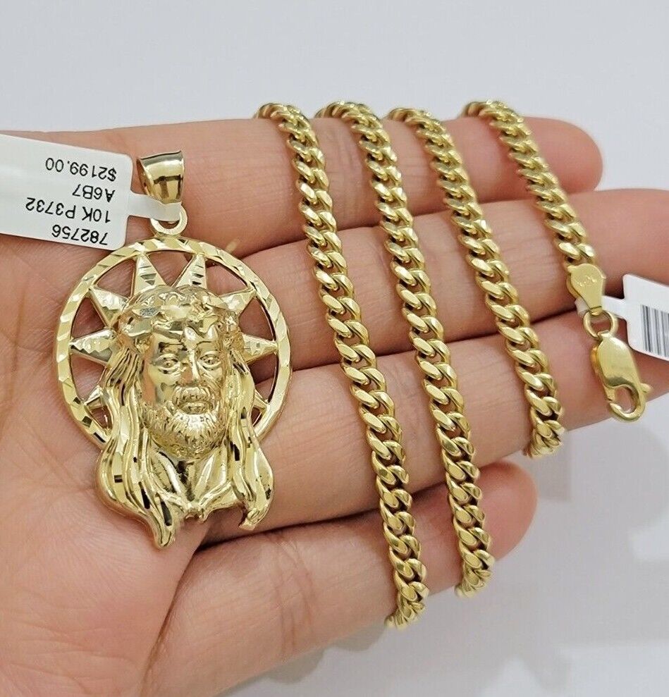 10kt Gold Miami Cuban Chain Jesus Head Charm Pendant Set 18-28 Inch 5mm Necklace