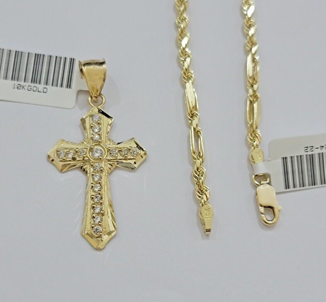 10kt Gold Milano Rope Chain Jesus Cross Charm Pendant Set 18-24'' Inch Necklace