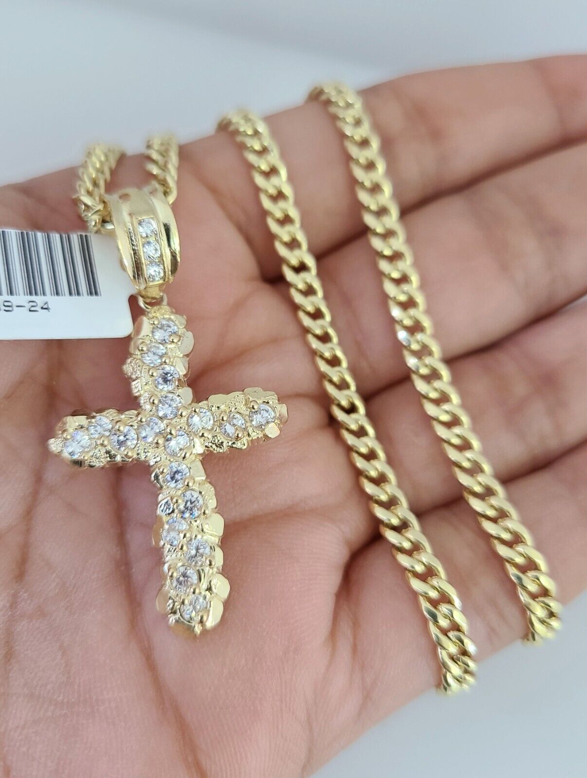 10k Gold Chain Jesus Cross Pendant Set Miami Cuban Necklace 4mm 18"-26" Charm