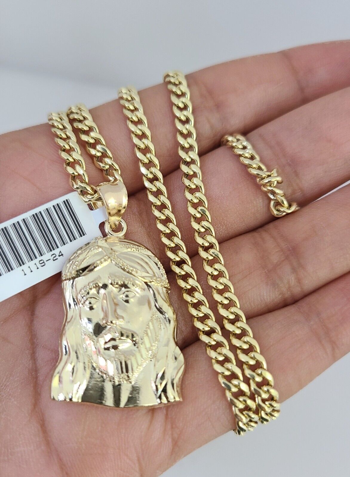 10k Gold Chain Jesus Head Pendant Set Miami Cuban Necklace 4mm 18"-26" Charm