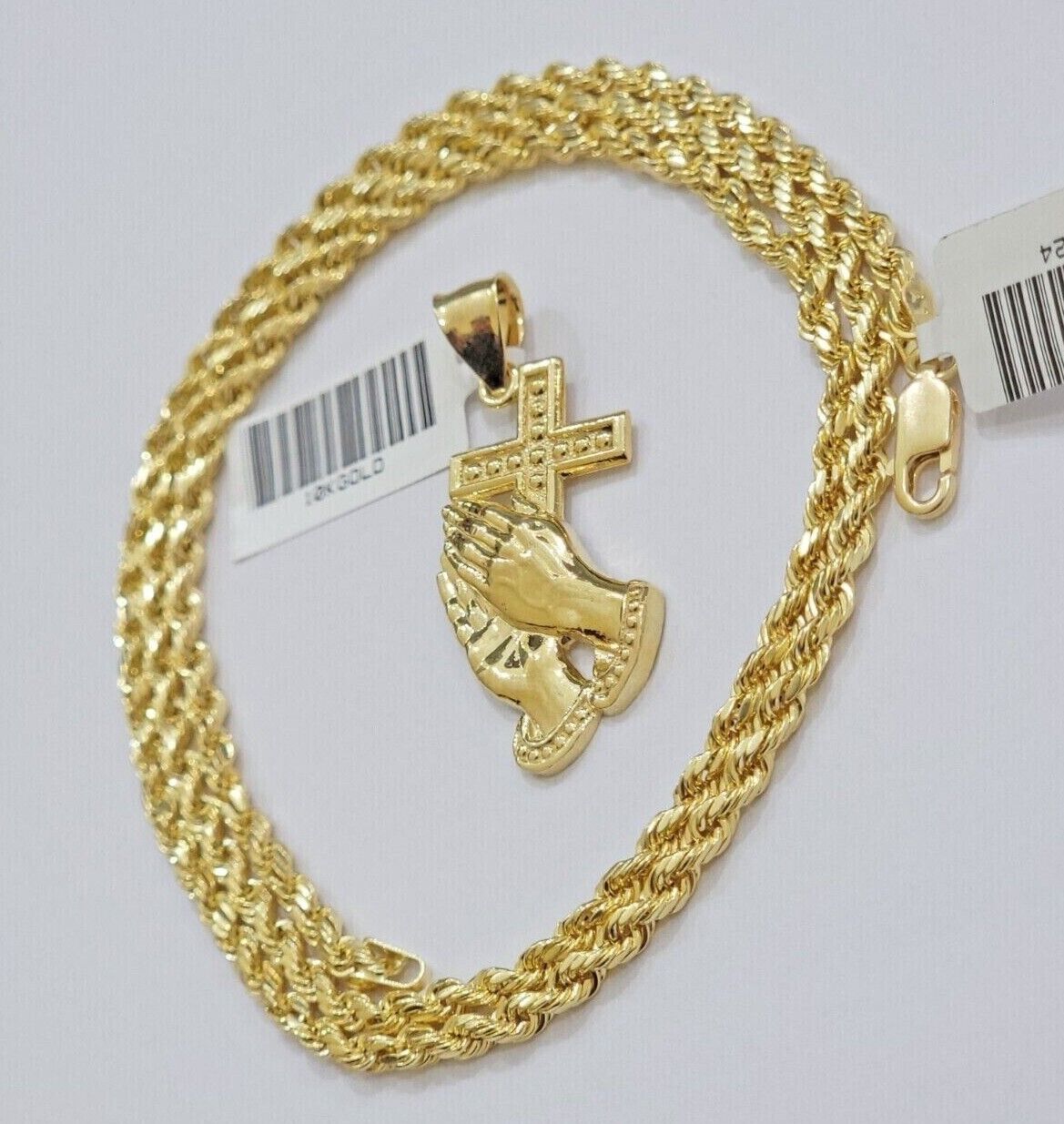 10k Gold Rope Chain Praying Hand Charm Pendant Set 18-28''Inch 3mm Necklace REAL