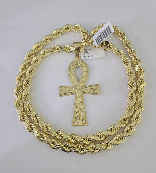 10k Yellow Gold Rope Chain Jesus Cross Charm Pendant 18-30'' Inch 8mm  Necklace