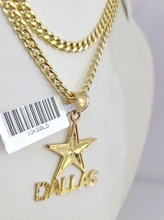 10k Gold Chain Dallas Star Pendant Set Miami Cuban Necklace 4mm 18"-26" Charm