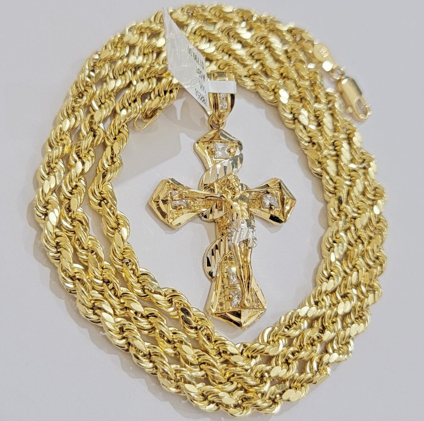 10k Gold Rope Chain Necklace Jesus Cross Charm Pendant Set 18-28" inch 5mm, REAL