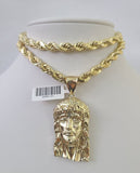 10k Yellow Gold Rope Chain Jesus Head Charm Pendant 18-30'' Inch 7mm  Necklace