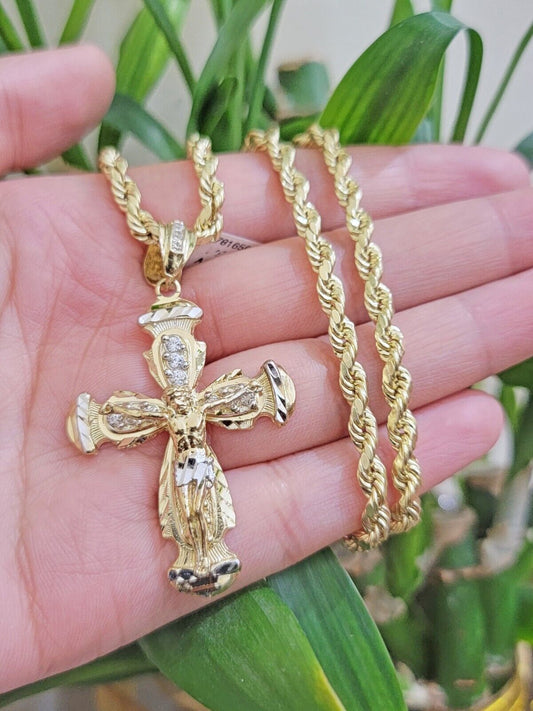 Real 10k Gold Chain Charm Set Jesus Cross Pendant Rope Necklace 5mm 18"-28" Mens