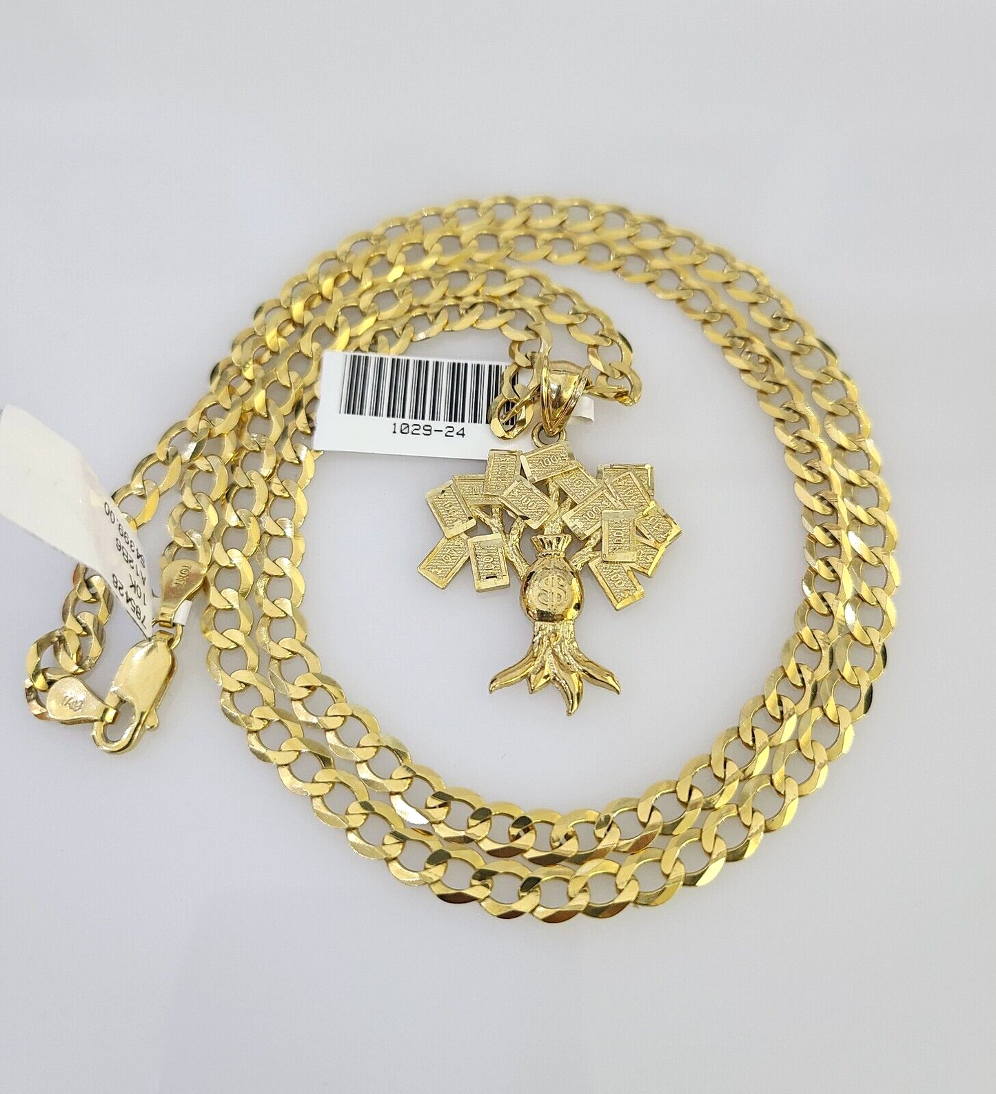 10k Gold Chain Necklace Money Tree Pendant Set Cuban Curb 5mm 20"-28" Charm