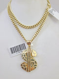 10k Gold Chain Dollar Pendant Set Miami Cuban Necklace 4mm 18"-26" Charm