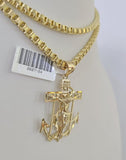 Real 10k Gold Box Byzantine Necklace Jesus Anchor Charm SET Chain 3mm 24" Inches