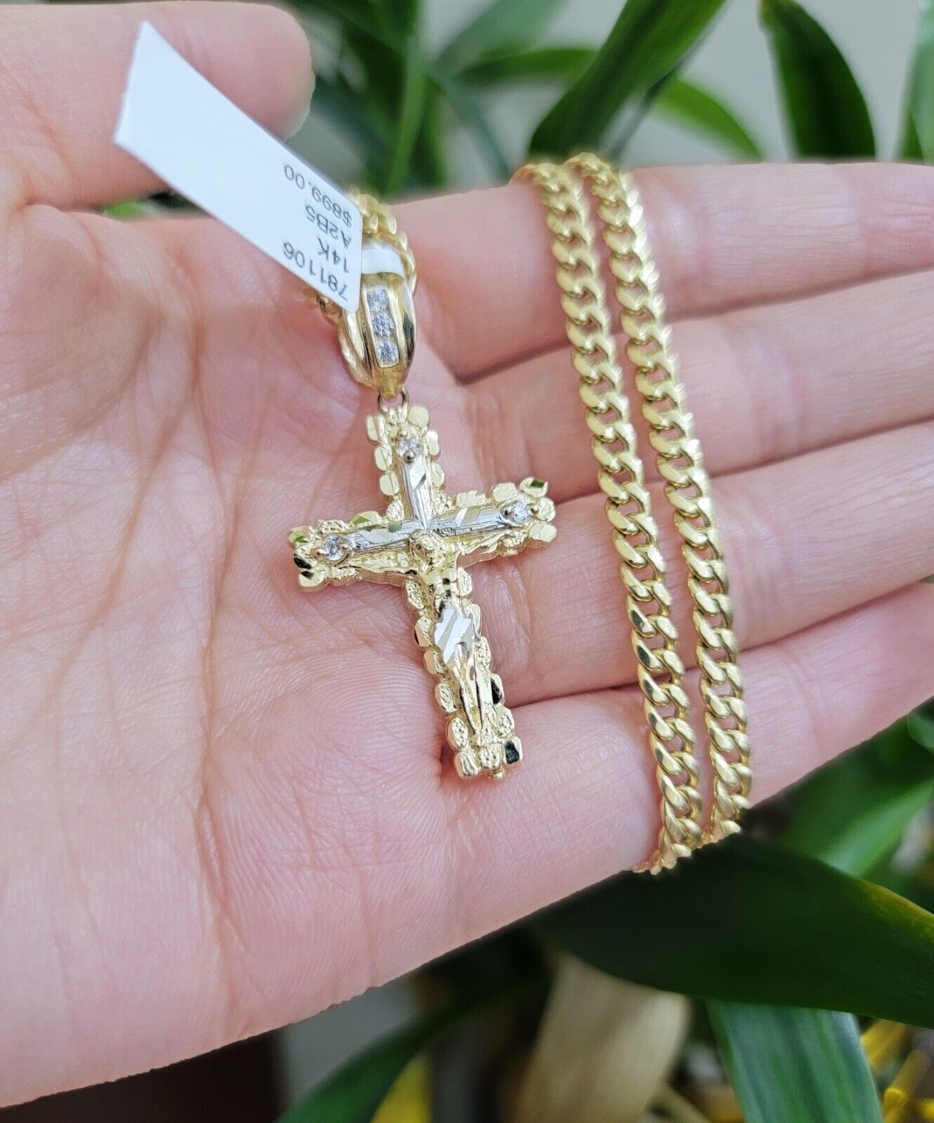 Real 14k Gold Chain & Cross pendant Set 14kt Miami Cuban Link Chain 4mm & Cham