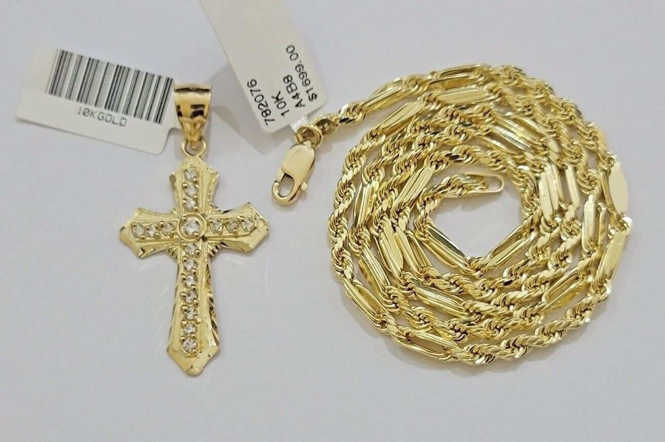 10kt Gold Milano Rope Chain Jesus Cross Charm Pendant Set 18-24'' Inch Necklace