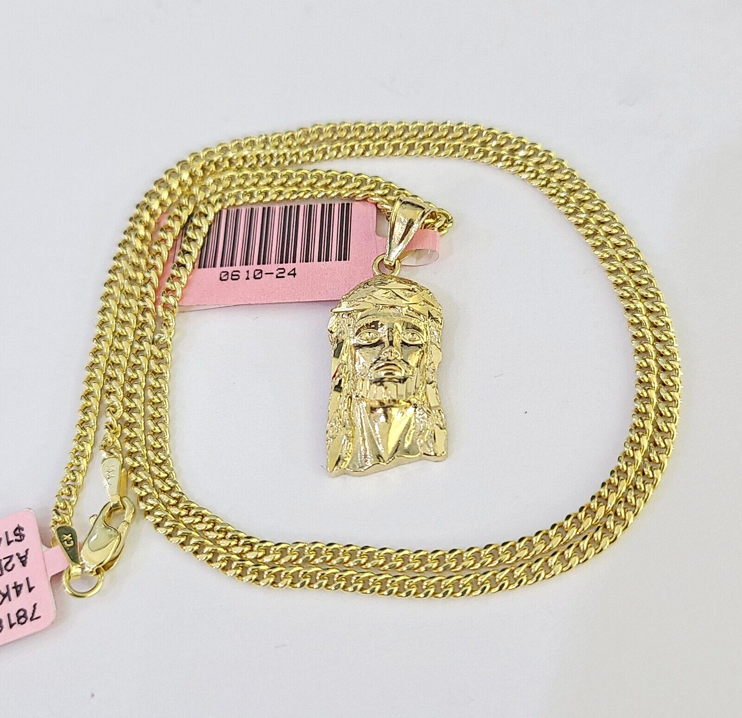 Real 14k Gold Chain Jesus Head Pendant Set 14kt Miami Cuban Link Chain 2mm Charm