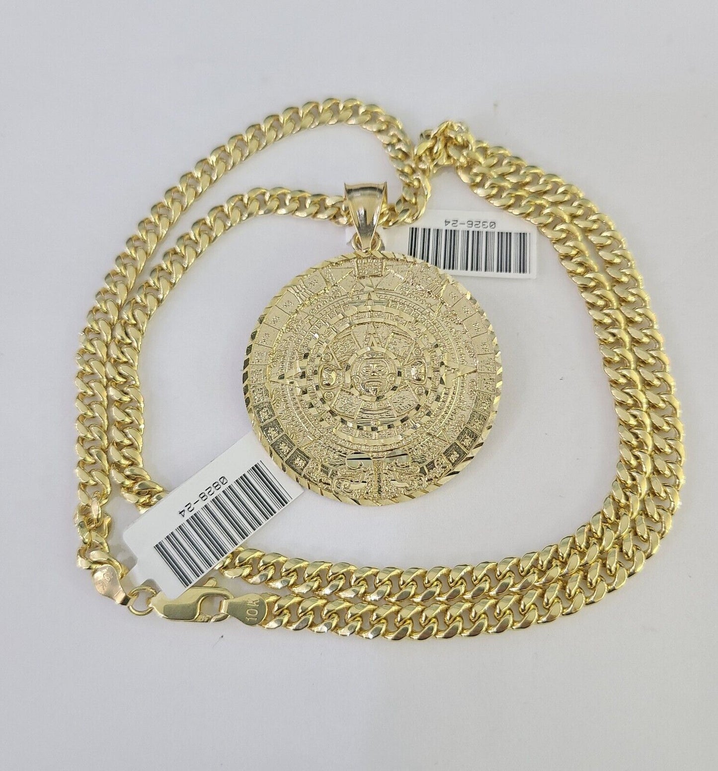 10k Gold Chain Mayan Calendar Pendant Set Miami Cuban link Necklace 5mm 20"-30"