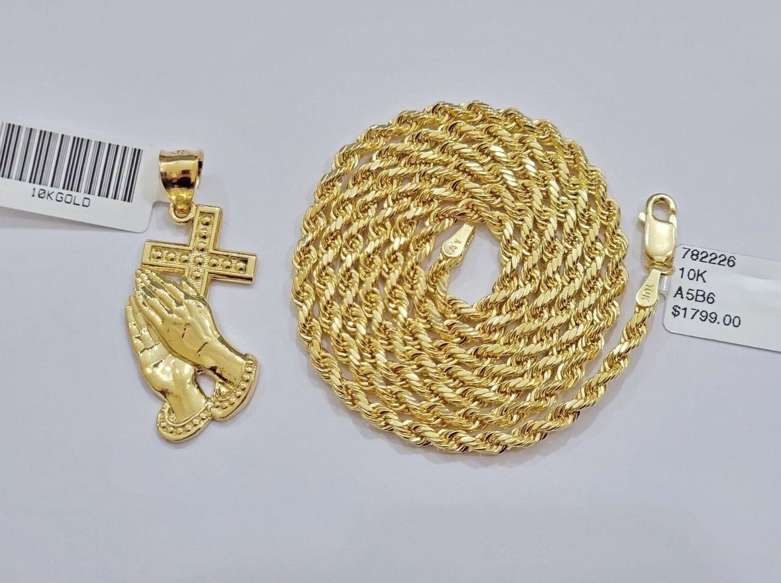 10k Gold Rope Chain Praying Hand Charm Pendant Set 22'' Inches 3mm Necklace REAL
