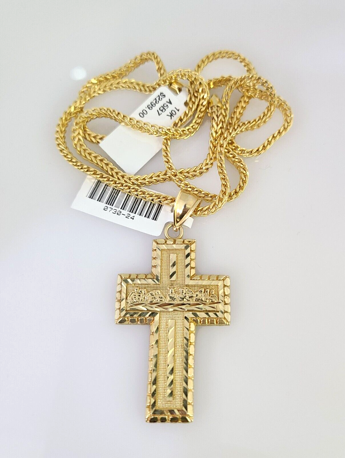 10k Gold Franco Chain Jesus Cross Charm Pendant 2.5mm 18-24 Inches Necklace