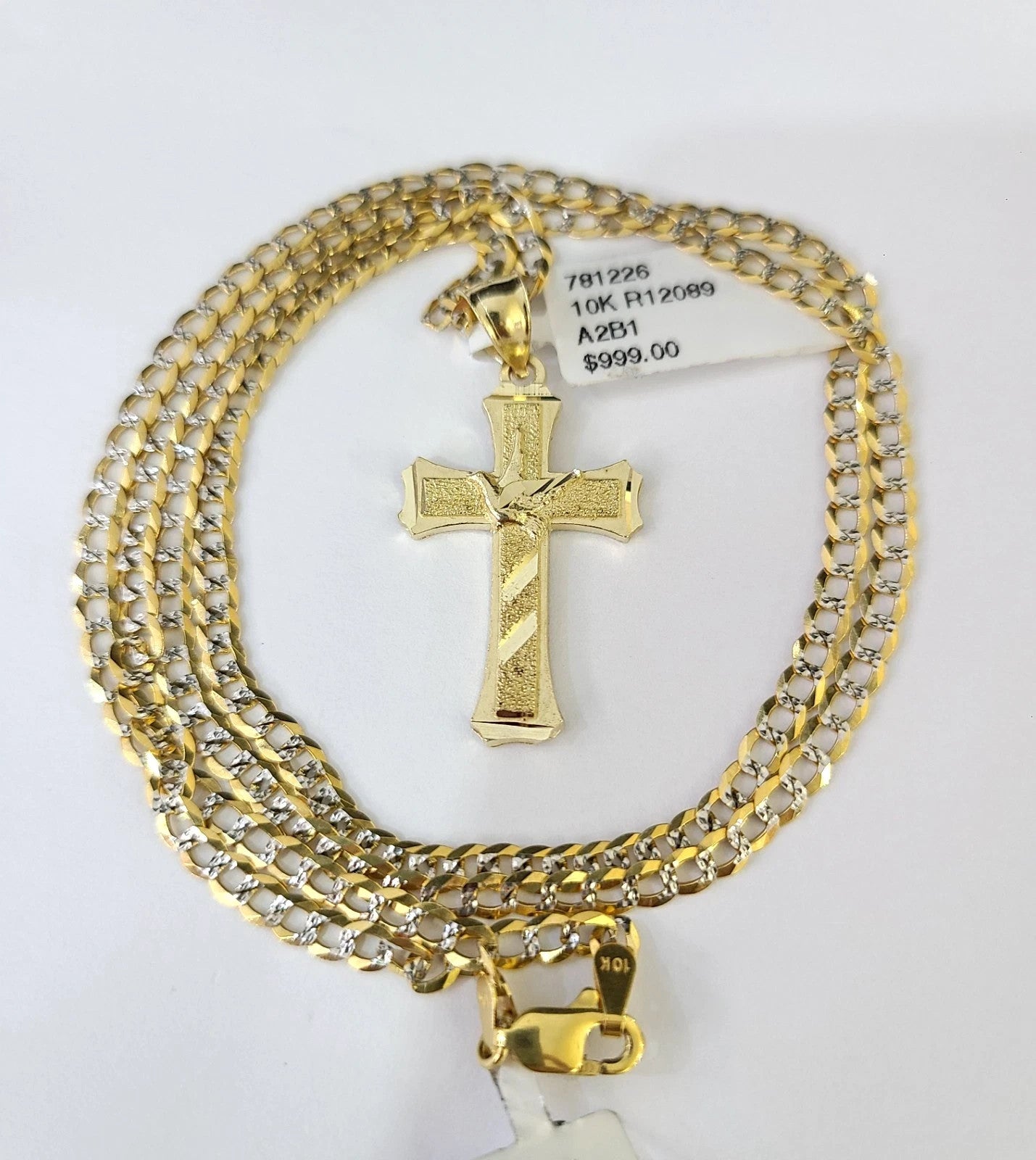 Yellow Jesus Chain 10k Yellow Gold Solid Cuban Curb Chain Jesus Cross Pendant Charm 3mm N ...