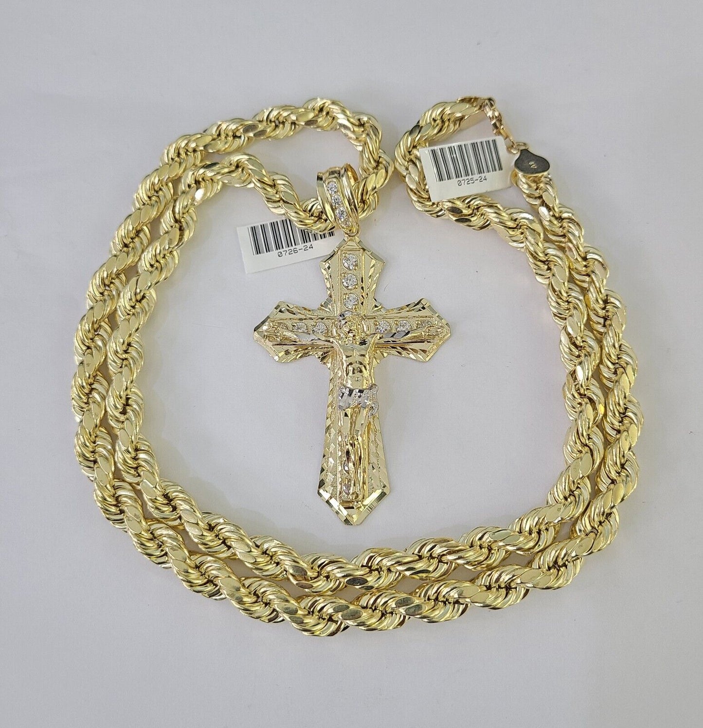 10k Yellow Gold Rope Chain Jesus Cross Charm Pendant 18-30'' Inch 8mm  Necklace