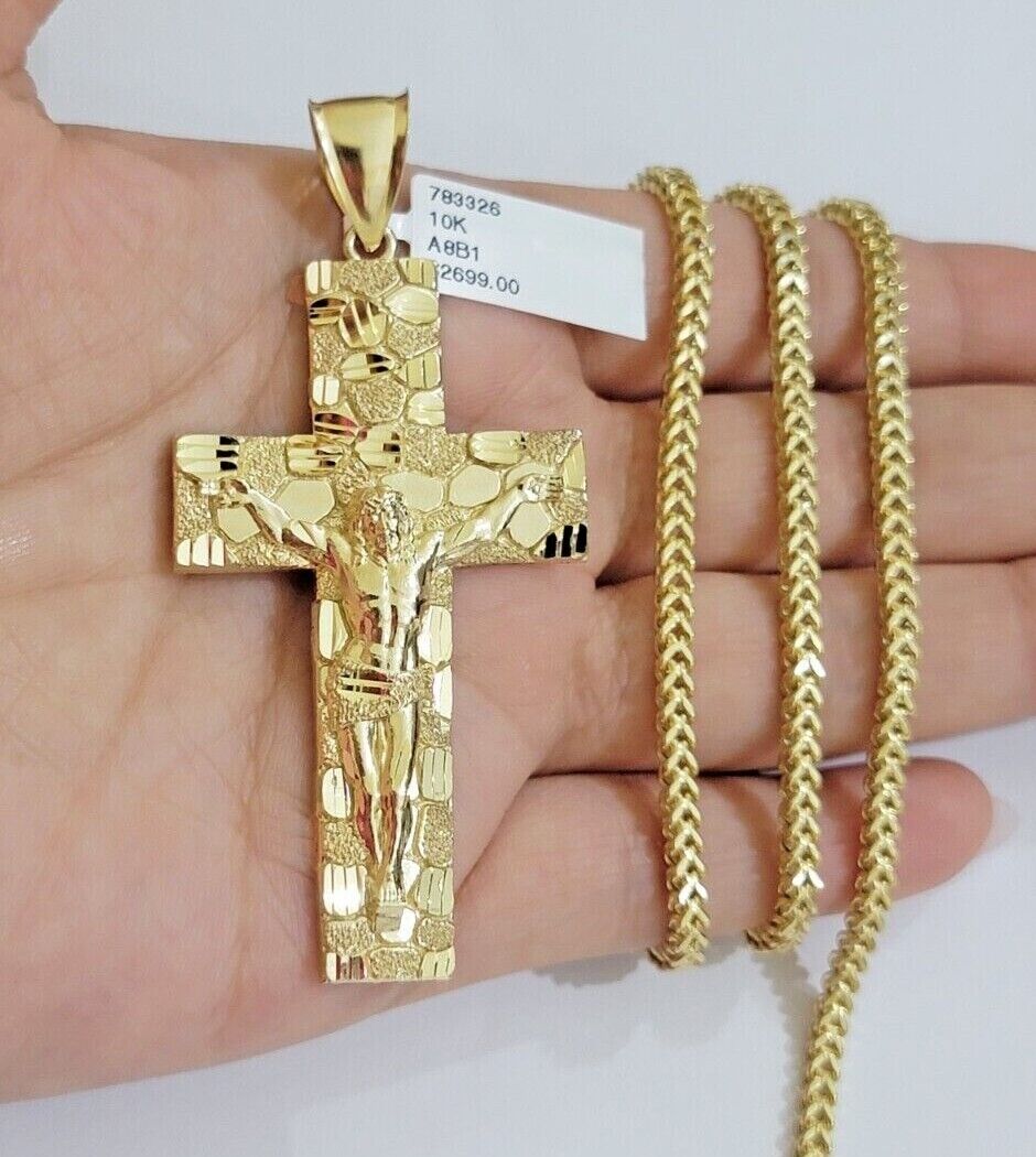 10kt Yellow Gold Franco Chain Necklace Nugget Cross Charm Pendant 3mm 18-26 Inch