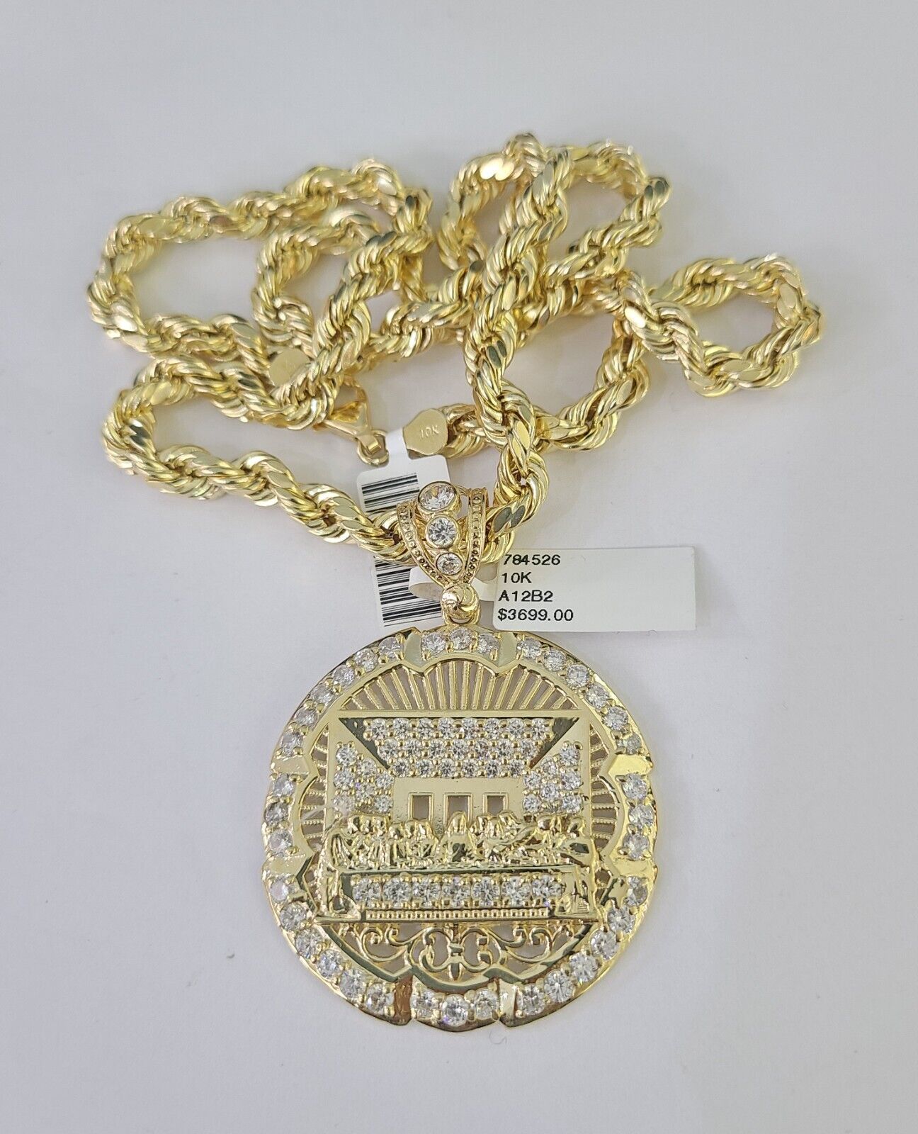 10kt Yellow Gold Rope Chain Last Supper Charm Pendant 18-30''Inches Necklace 8mm