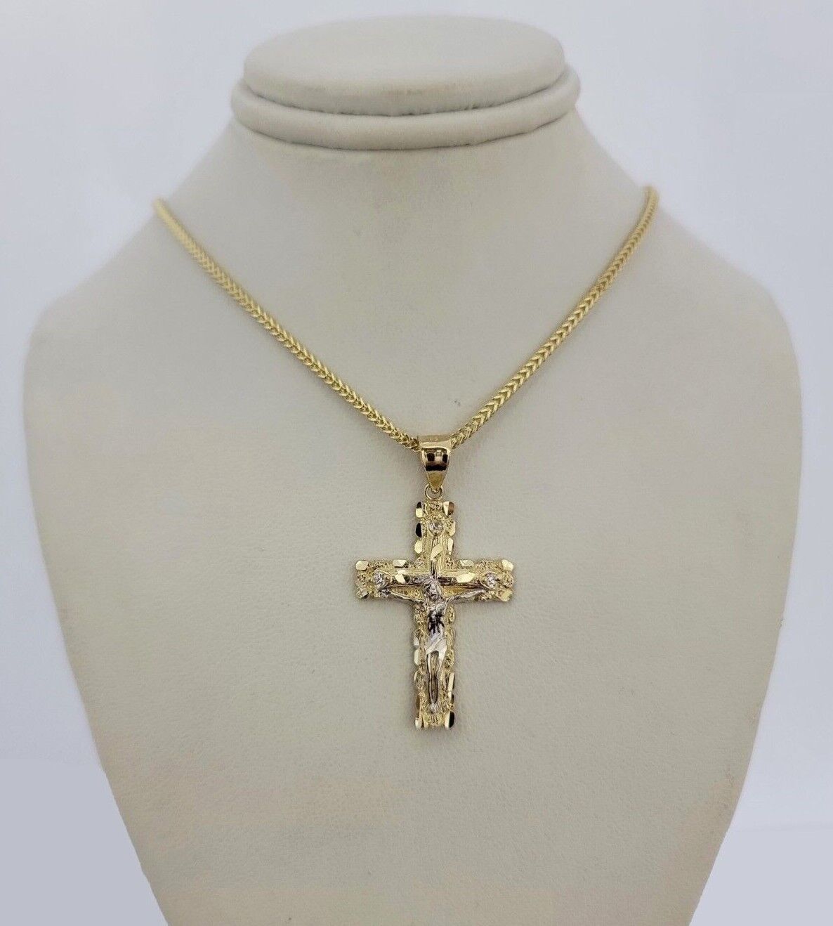 10k Gold Franco Chain Jesus Crucifix Cross Charm Pendant 2mm 16-24 Inch Necklace