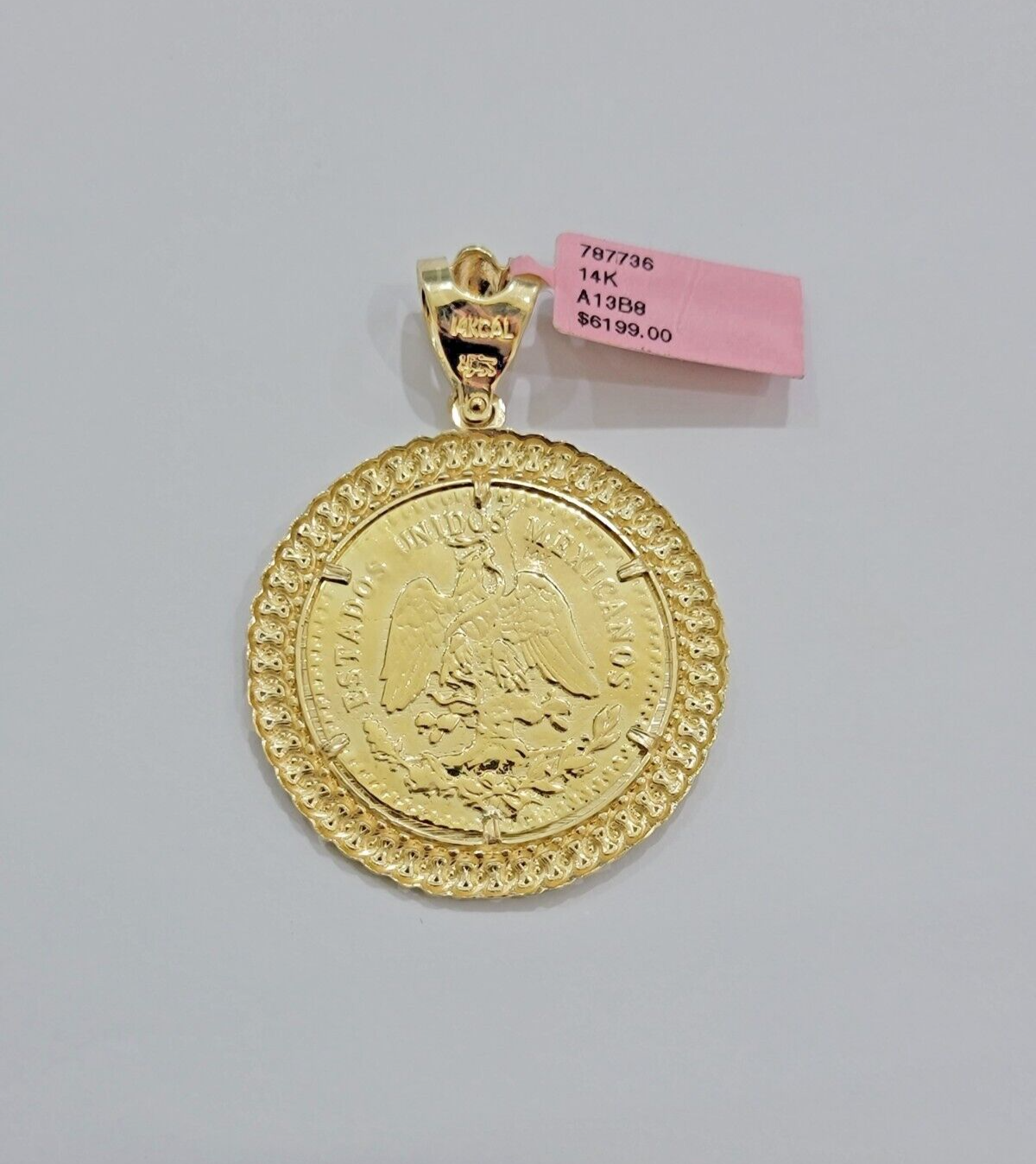 14kt Yellow Gold 1947 Mexican Centenario 50 Gold Pesos Copy Coin With Bezel SALE