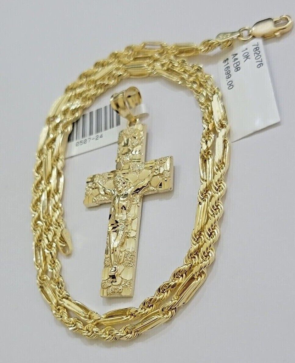 10kt Gold Milano Rope Chain Nugget Cross Charm Pendant Set 18-24'' Inch Necklace