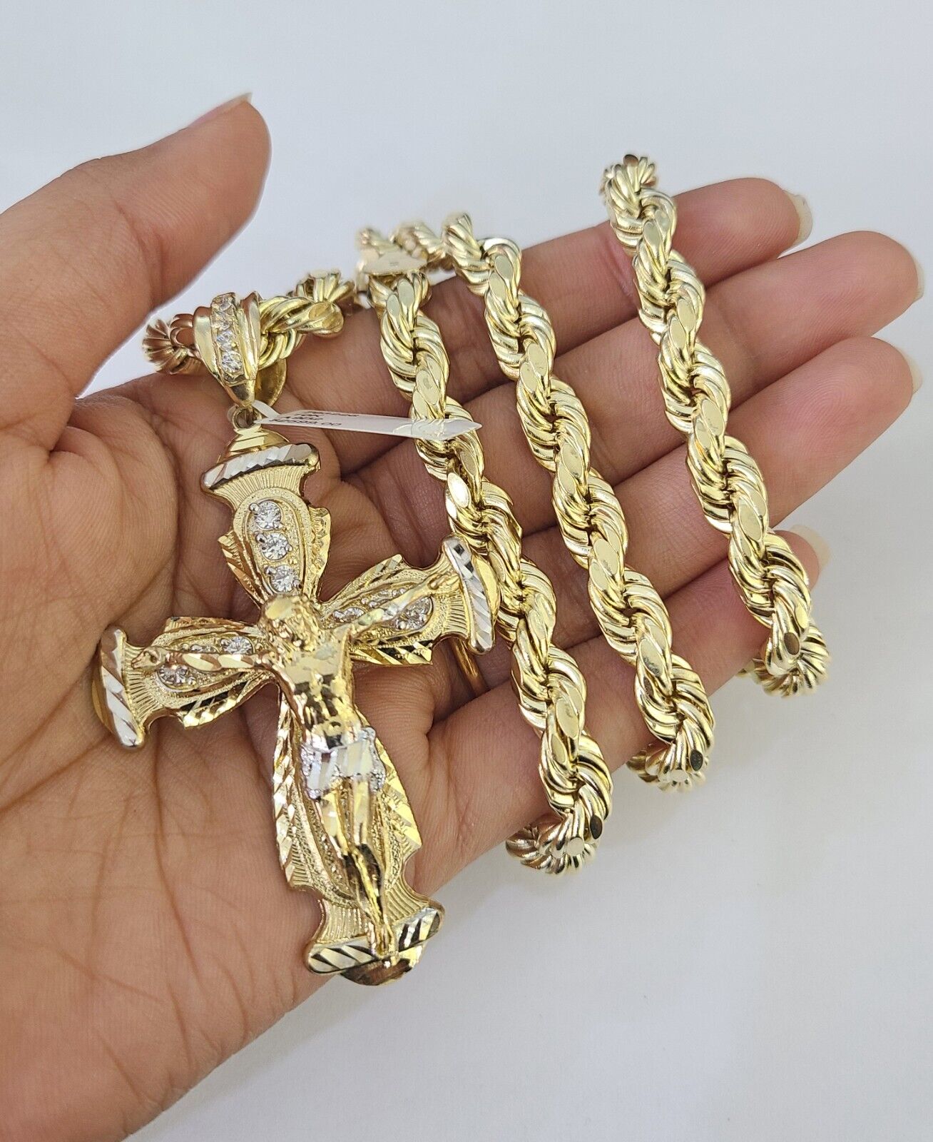 10k Yellow Gold Rope Chain Jesus Cross Charm Pendant 18-30'' Inch 8mm  Necklace