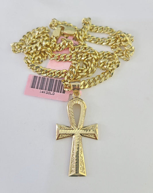 Real 14k Gold Chain Ankh Cross Pendant Set 14kt Miami Cuban Link Chain 5mm Charm