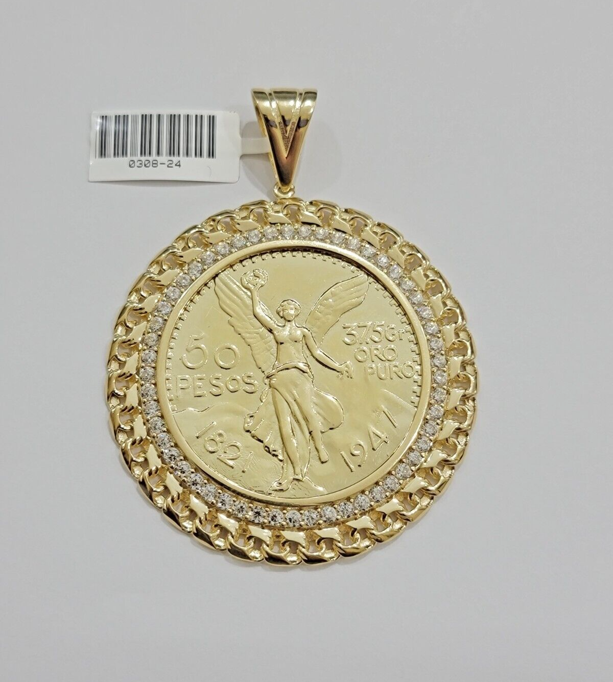 1947 Mexican Centenario Coin Charm Pendant Replica 50 Pesos With Bezel 10kt Gold