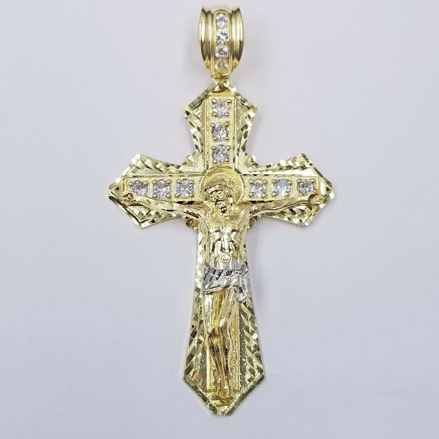 Real 10k Yellow Gold Jesus Cross Charm pendant 3.75" With cubic Zirconia for Men