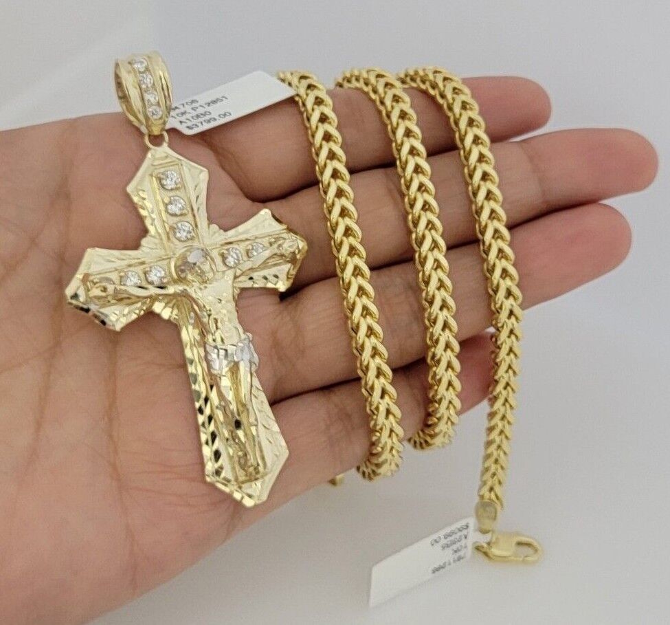 10k Yellow Gold Franco Chain Necklace Jesus Cross Charm Pendant 5mm 20-26 Inches