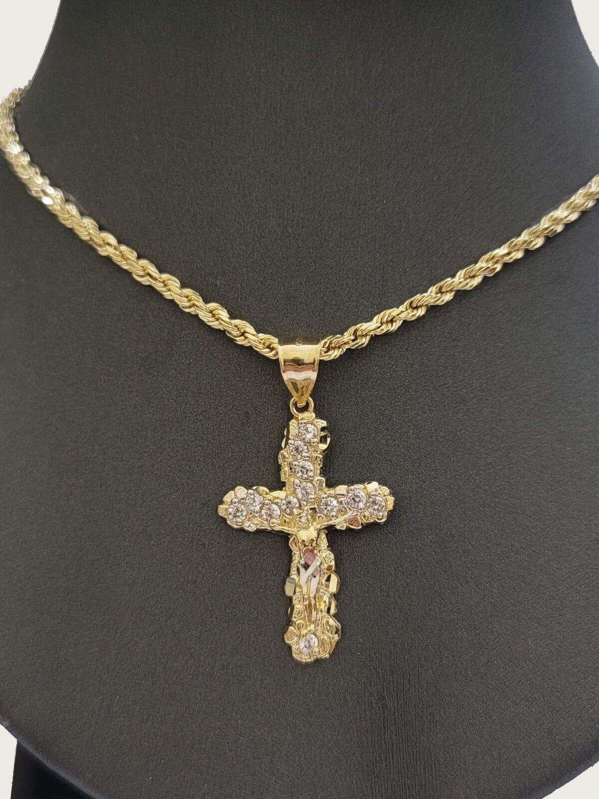 10k Gold Rope Chain Jesus Cross Charm Pendant Set 18-28