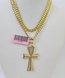 Real 14k Gold Chain Ankh Cross Pendant Set 14kt Miami Cuban Link Chain 5mm Charm