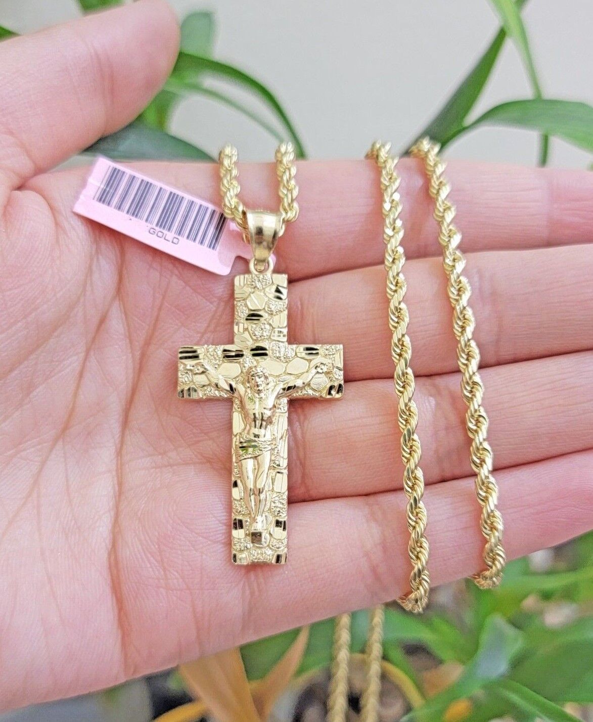 REAL 14k Gold Rope Chain Necklace Nugget Cross Charm Pendant SET 3mm 18 -26 Inch