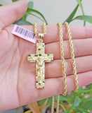 REAL 14k Gold Rope Chain Necklace Nugget Cross Charm Pendant SET 3mm 18 -26 Inch