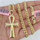 Real 14k Gold Chain Ankh Cross Pendant Set 14kt Miami Cuban Link Chain 5mm Charm